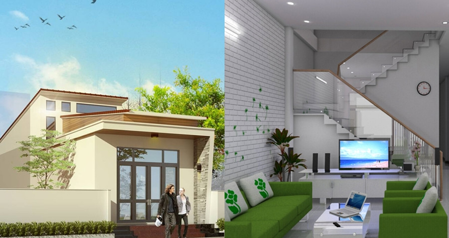 Nhà cấp 4 mái bằng gác lửng sử dụng hệ thống cửa chính và cửa sổ đều là dạng nhôm kính màu nâu cà phê hiện đại. Ảnh: Musk