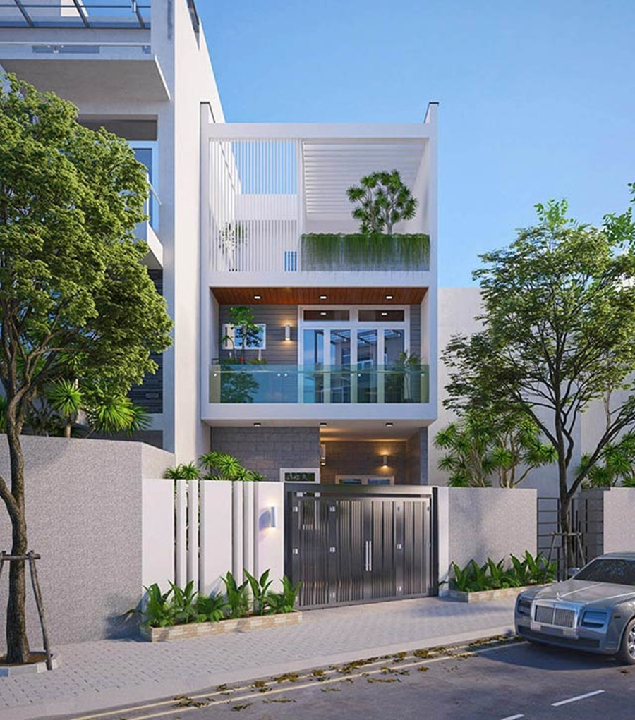 Mẫu nhà 2 tầng gác lửng hiện đại nổi bật với mặt tiền thông thoáng và bố cục trang trí khoa học. Khoảng sân trước rộng rãi cùng hệ thống cửa cổng kiên cố kết hợp hài hòa với các hình khối vuông vắn làm tăng thẩm mỹ của căn nhà. Ảnh: Thietkenoithatatz)