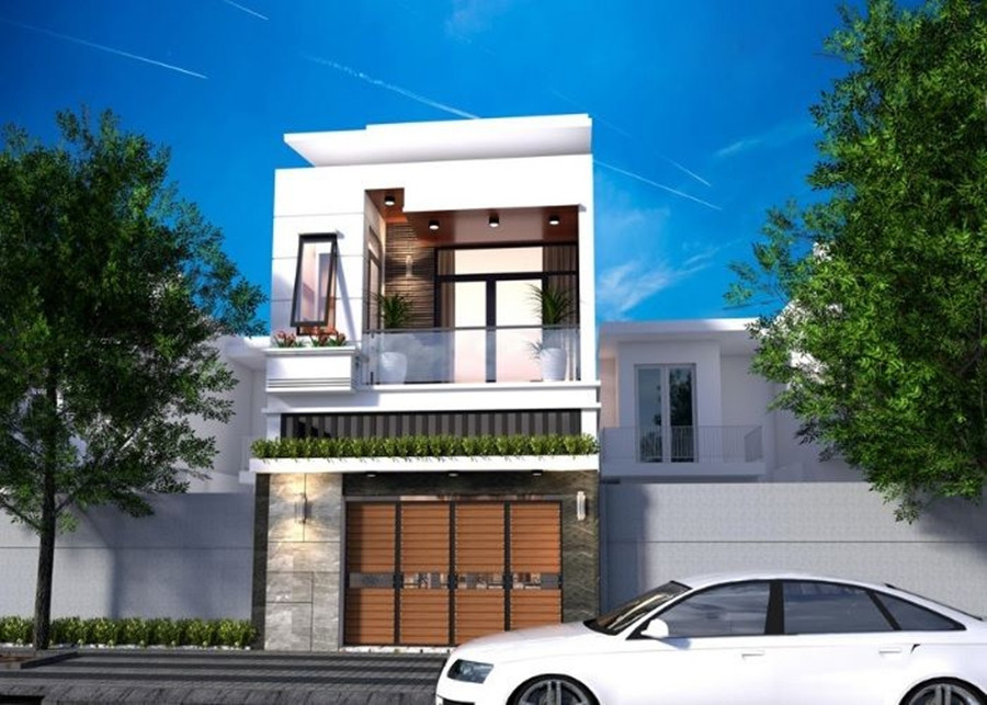 Với diện tích 4.8x16m, nhà ống 2 tầng gác lửng thiết kế bắt mắt với lan can ban công bằng kính, tiểu cảnh cây xanh. Ảnh: Namidesign