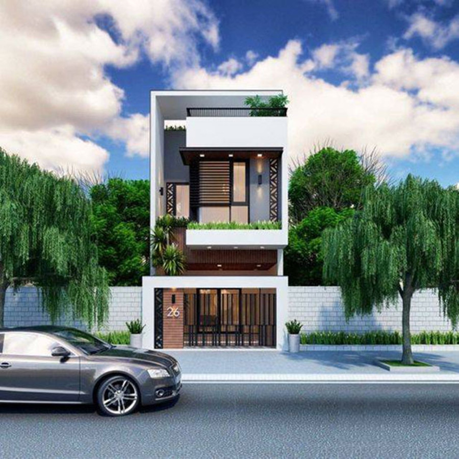 Mẫu nhà phố 2 tầng có gác lửng kết hợp cây xanh đang được nhiều gia đình ở thành phố lựa chọn. Ảnh: Musk