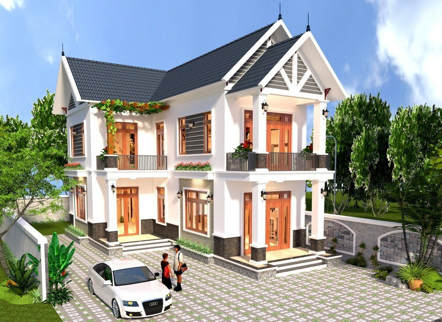 Mẫu nhà mái thái hình chữ L sở hữu không gian đẹp, thiết kế hiện đại với cửa gỗ kính ấn tượng. Ảnh: Wedo