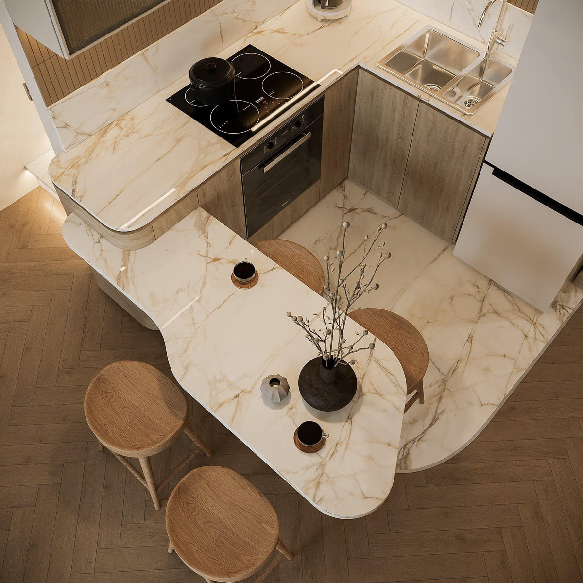 Nữ diễn viên thích vừa ăn vừa xem mẹ nấu nên đặt bàn ăn gần bếp.