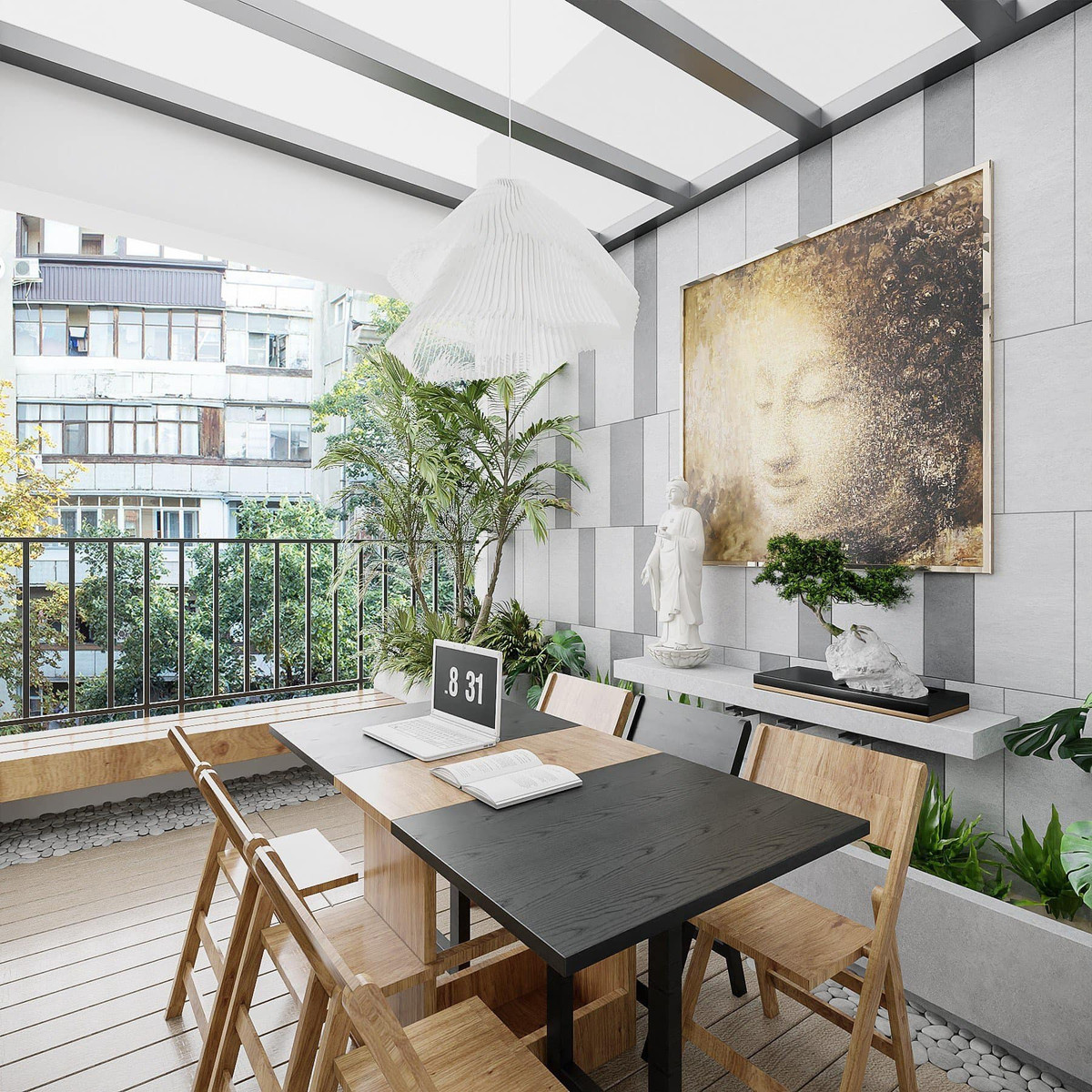 Ban công được thiết kế đẹp mắt, trồng nhiều cây xanh để mẹ con Cao Thái Hà có thể đọc sách, thư giãn.