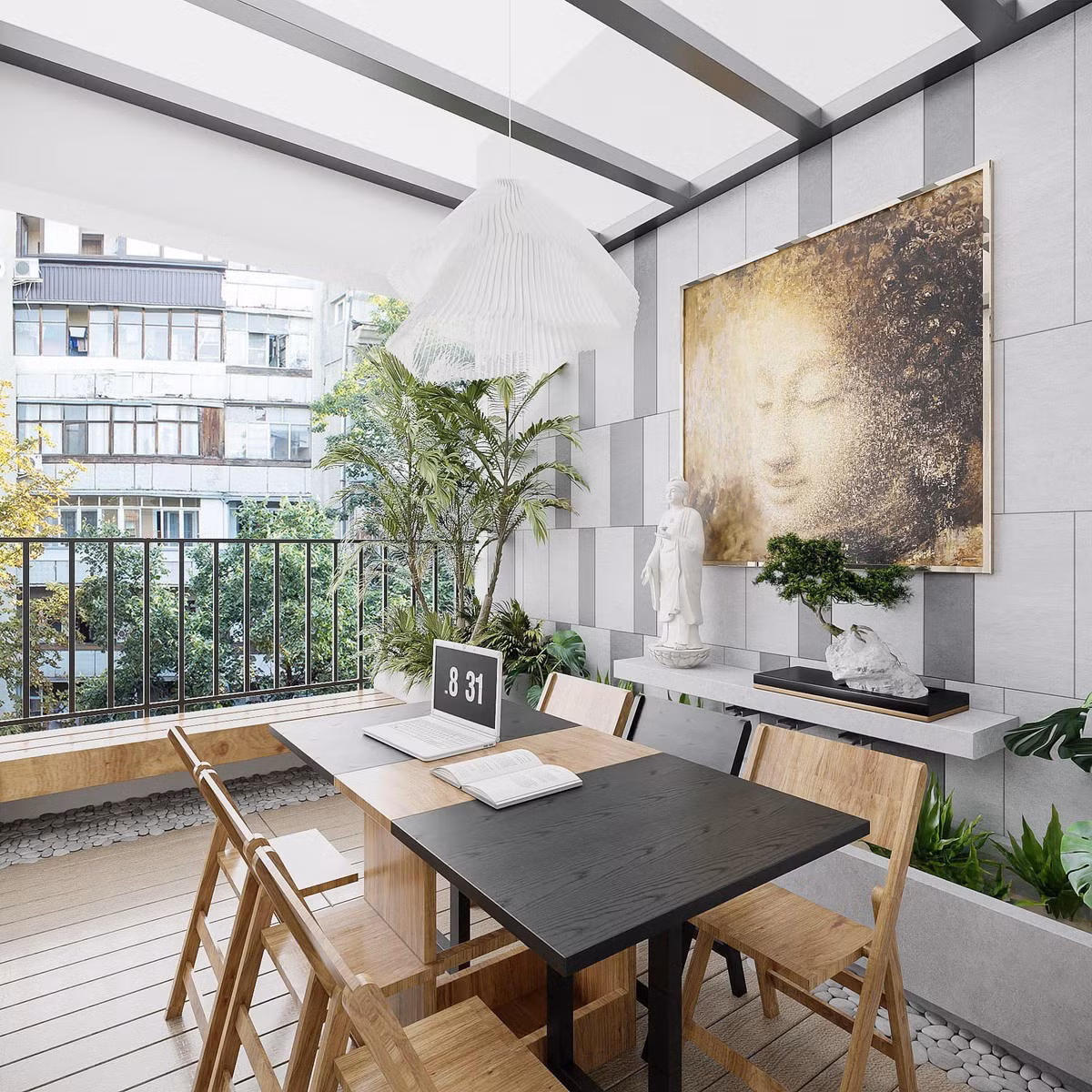 Ban công được thiết kế đẹp mắt, trồng nhiều cây xanh để mẹ con Cao Thái Hà có thể đọc sách, thư giãn.