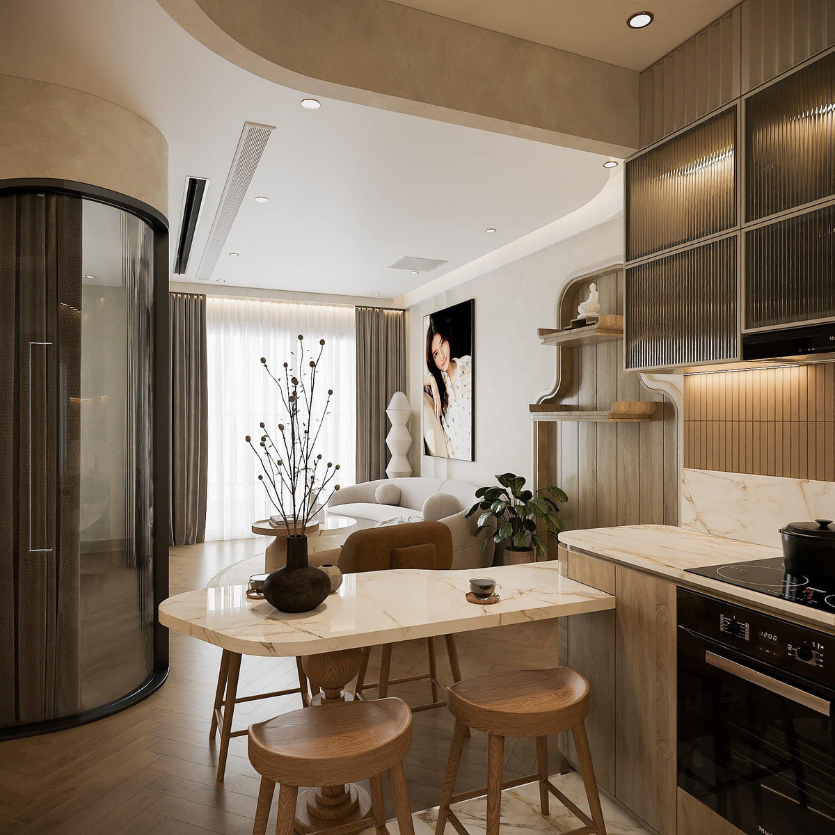 Căn nhà của Cao Thái Hà thiết kế hiện đại với tông trắng, nâu chủ đạo.