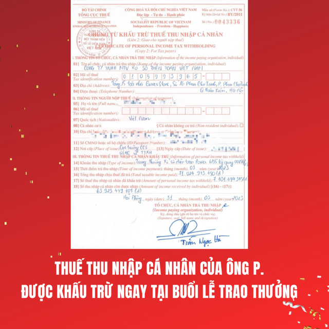 Người trúng Vietlott đó là ông N.T.P. (thường trú tại TP Cẩm Phả, Quảng Ninh). Sau khi nộp thuế thu nhập cá nhân, ông P dành 300 triệu đồng để là từ thiện. Ảnh: Vietlott