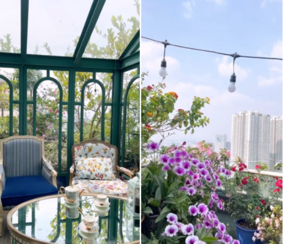 Tầng cao nhất của căn penthouse là nơi thư giãn và làm việc của Hannah và ông xã. Tại đây có phòng kính nhỏ được bao quanh bởi một vườn hoa nhiều màu sắc và thư viện với hơn 2.000 cuốn sách. Nguồn: FBNV