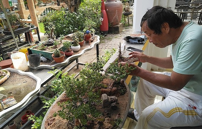 Đam mê cây cảnh và dành trọn tình yêu cho những tác phẩm bonsai mini, đến nay nghệ nhân Nguyễn Văn Phúng (thôn Phước Thượng, xã Phước Đồng, thành phố biển Nha Trang, Khánh Hòa)đã sở hữu trên 5.600 tác phẩm. Ảnh: Thuonghieusanpham