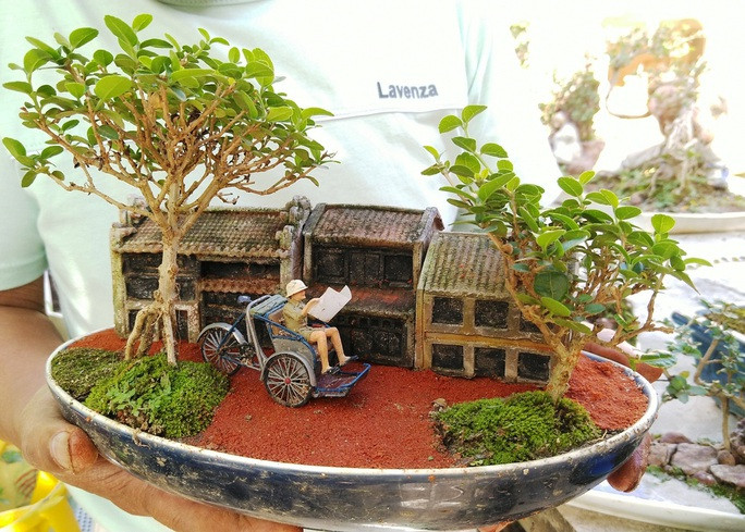 Theo ông Phúng, cái tích cực của bonsai siêu mini là tận dụng cây lớn, từ những cành nhánh của nó ta tạo cho mình bonsai mini, góp phần bảo vệ thiên nhiên. Ảnh: Người lao động