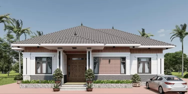 Nhà cấp 4 mái Nhật hiện đại với phần mái màu nâu hút mắt. Xung quanh nhà trồng thêm cây xanh tạo điểm nhấn. Ảnh: Internet