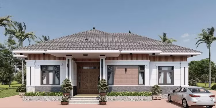 Nhà cấp 4 mái Nhật hiện đại với phần mái màu nâu hút mắt. Xung quanh nhà trồng thêm cây xanh tạo điểm nhấn. Ảnh: Internet