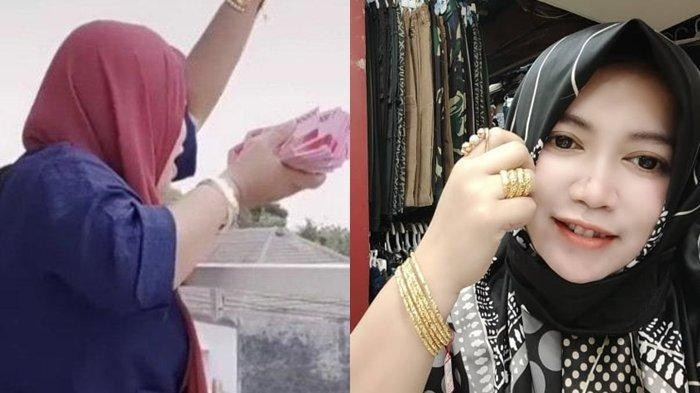 Tại Indonesia, người phụ nữ mang tên Ayang Yasmin khiến cộng đồng mạng xôn xao khi đứng trên ban công tầng 2 nhà mình, trên tay cầm một cục tiền mặt rồi từ từ ném tiền xuống. Ảnh: Tribunnews