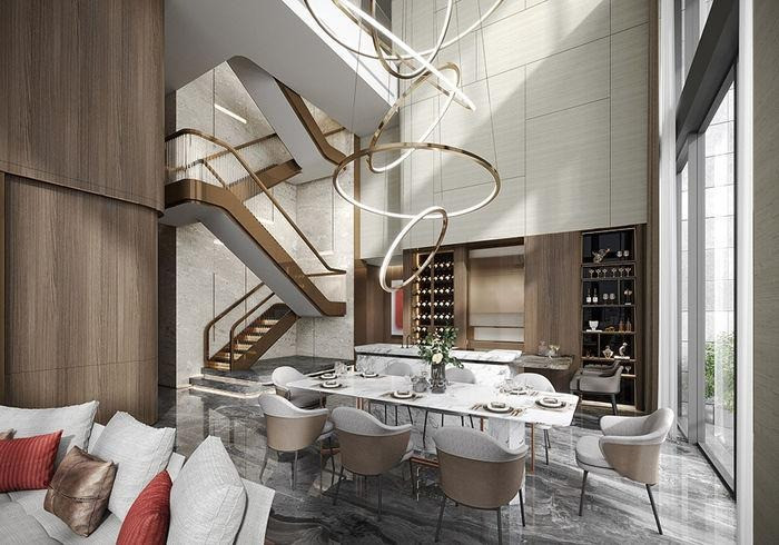 Căn penthouse của Hà Anh Tuấn rộng gần 240 m2, xây dựng theo dạng duplex với 4 phòng ngủ gồm hai phòng ở tầng dưới, hai phòng ở tầng trên. Ảnh: Masterise Homes