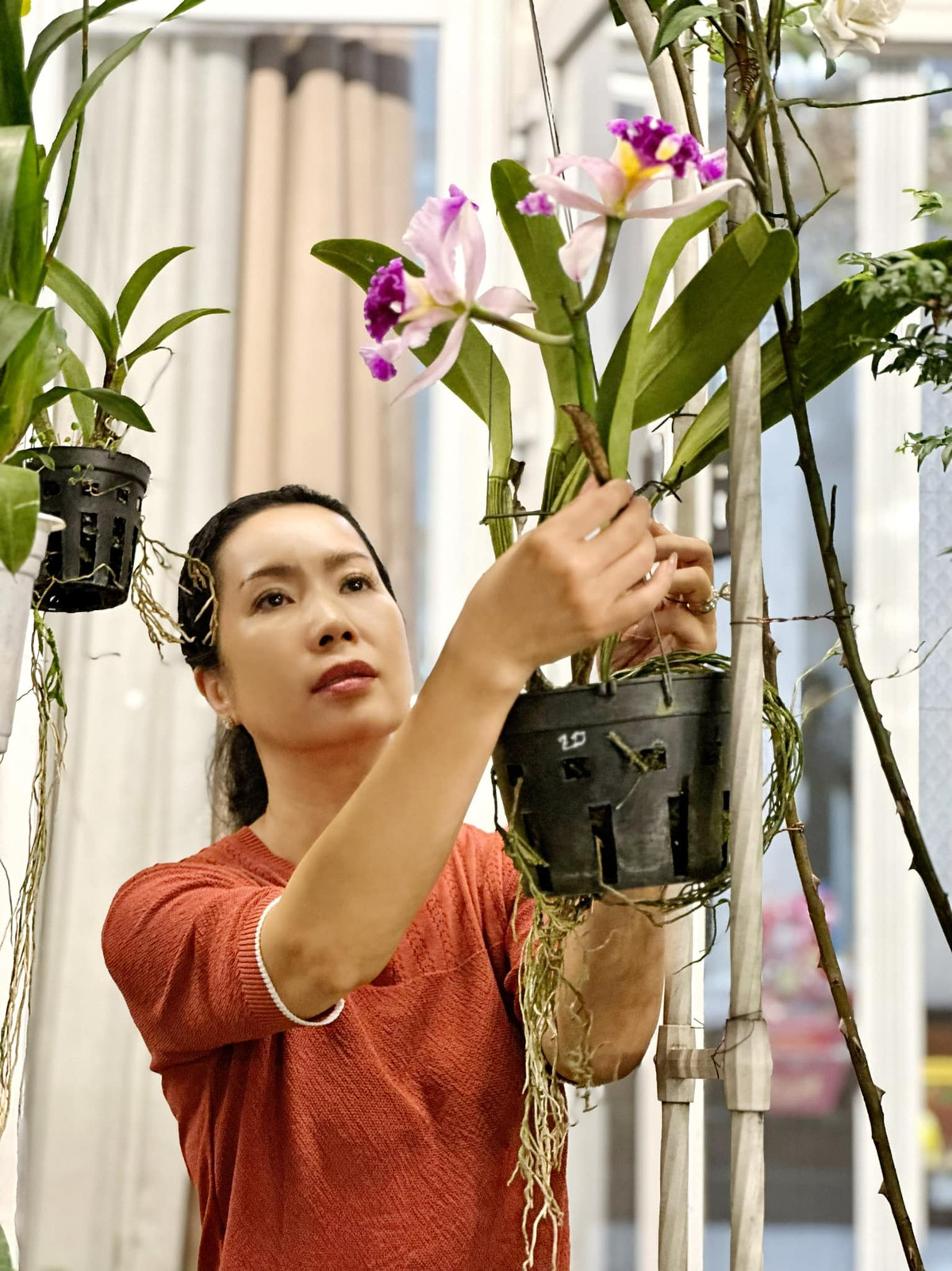 Những lúc rảnh rỗi, nghệ sĩ Trịnh Kim Chi tự tay chăm sóc cây hoa trong vườn.