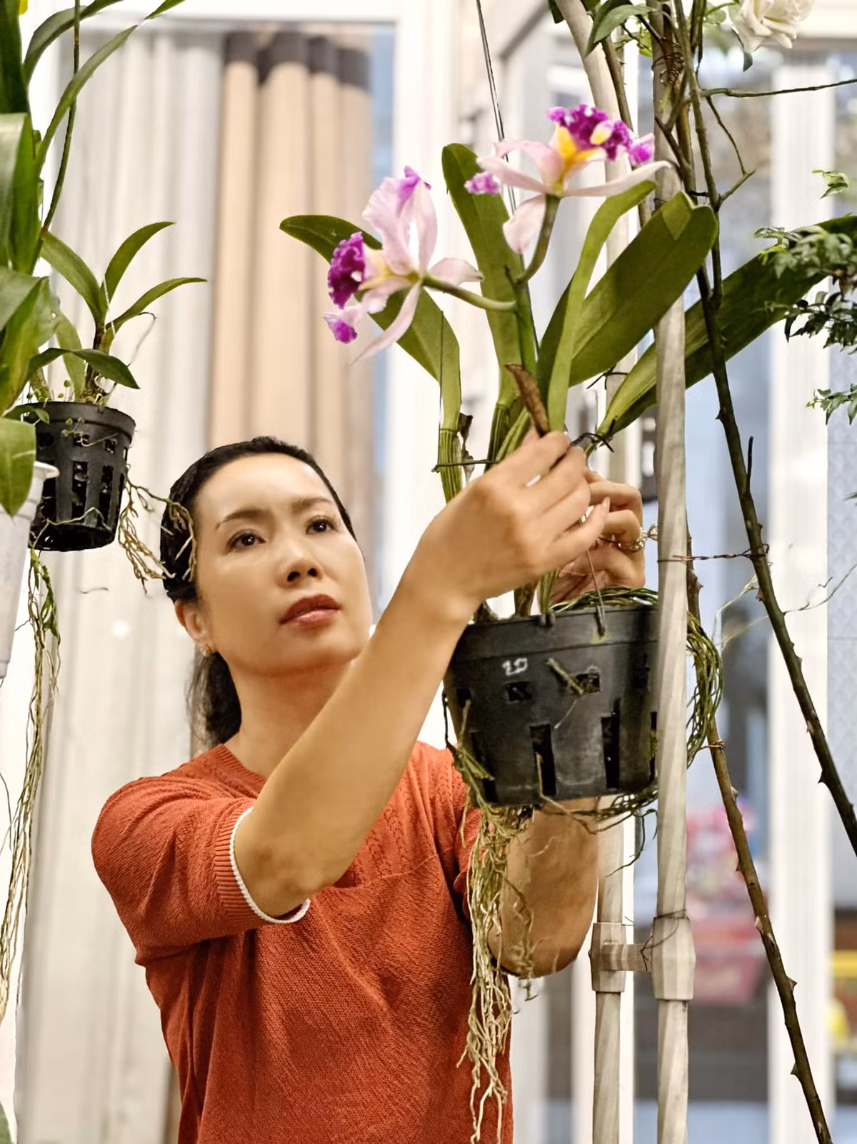 Những lúc rảnh rỗi, nghệ sĩ Trịnh Kim Chi tự tay chăm sóc cây hoa trong vườn.