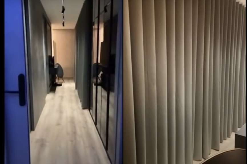 Phòng ngủ được dẫn lối đi ngang qua bởi các tủ quần áo, ngăn cách bằng một tấm rèm lớn. Đặc biệt là hệ thống điều khiển thông minh các thiết bị bằng giọng nói, thông qua smartphone.