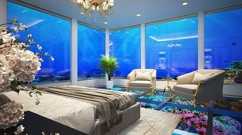 Nổi bật trong dự án là các toà lâu đài dát vàng và bạch kim, mô hình phòng khách sạn dưới đáy biển, căn hộ thủy cung dát vàng, siêu biệt thự và thủy cung nằm dưới mặt biển. Ảnh: Hoabinhgroup