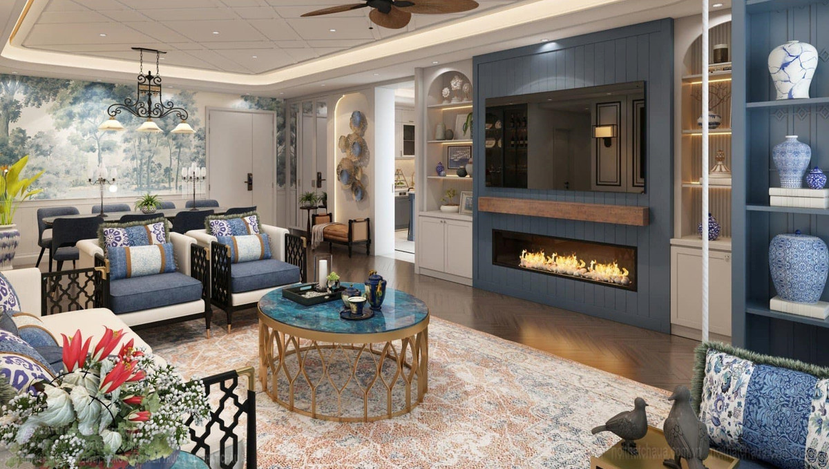 Căn hộ pha trộn các gam màu xanh lạ mắt, kết hợp đen - trắng.