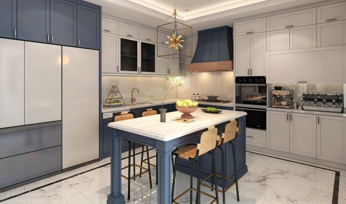 Phòng bếp sử dụng gam màu trắng - xanh chủ đạo.