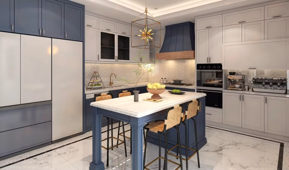 Phòng bếp sử dụng gam màu trắng - xanh chủ đạo.