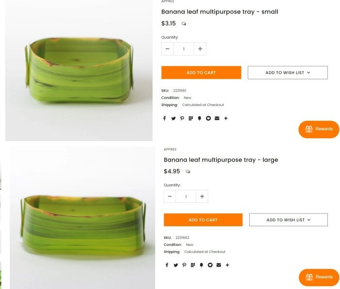 Bên cạnh đó, khách hàng có thể mua theo set cho rẻ. Cụ thể, set 3 khay lá chuối dài giá 9 USD, set 3 khay tròn lớn giá 10 USD, set 3 khay tròn nhỏ là 5 USD và set tổng hợp 9 khay các loại giá 25 USD, tương đương hơn 570.000 đồng. Ảnh: Internet