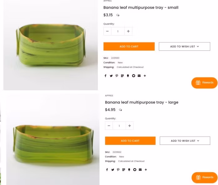 Bên cạnh đó, khách hàng có thể mua theo set cho rẻ. Cụ thể, set 3 khay lá chuối dài giá 9 USD, set 3 khay tròn lớn giá 10 USD, set 3 khay tròn nhỏ là 5 USD và set tổng hợp 9 khay các loại giá 25 USD, tương đương hơn 570.000 đồng. Ảnh: Internet