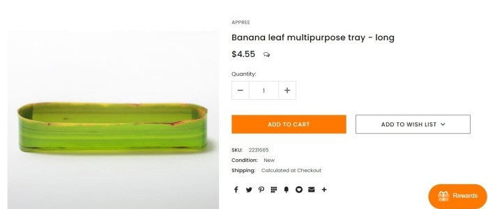 Tương tự, một công ty Hàn Quốc chia sẻ lên mạng sản phẩm có tên "khay lá chuối" với giá 4,95 USD (113.000 đồng)/chiếc, khay dài giá từ 4,55 USD (104.000 đồng)/chiếc. Ảnh: Internet