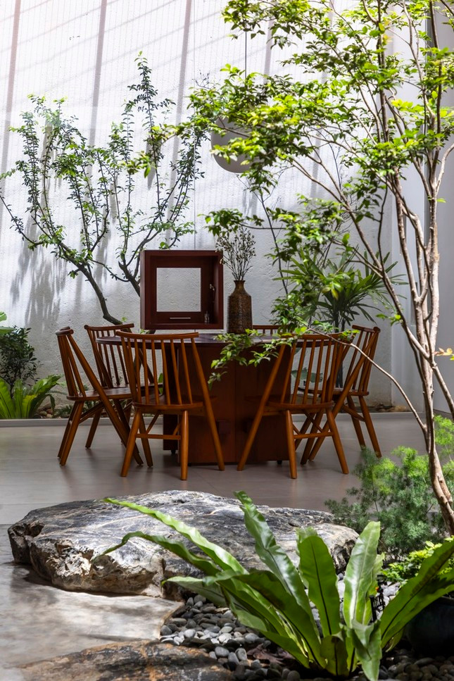 Bàn ăn được bao bọc bởi không gian xanh mát.