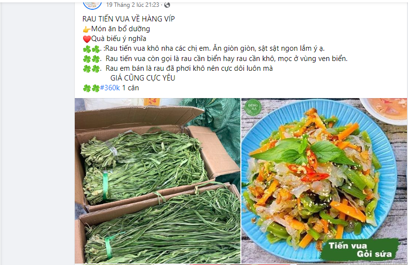 Thời gian gần đây, rau tiến vua được rao bán nhiều trên chợ mạng ở nhiều dạng như tươi, khô, muối chua, ngâm chua ngọt... Ảnh chụp màn hình