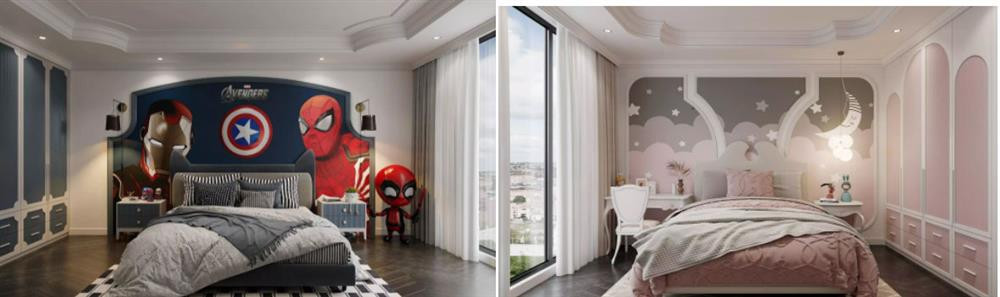 Phòng riêng cho cậu cả và cô em út có tông màu hoàn toàn khác nhau.