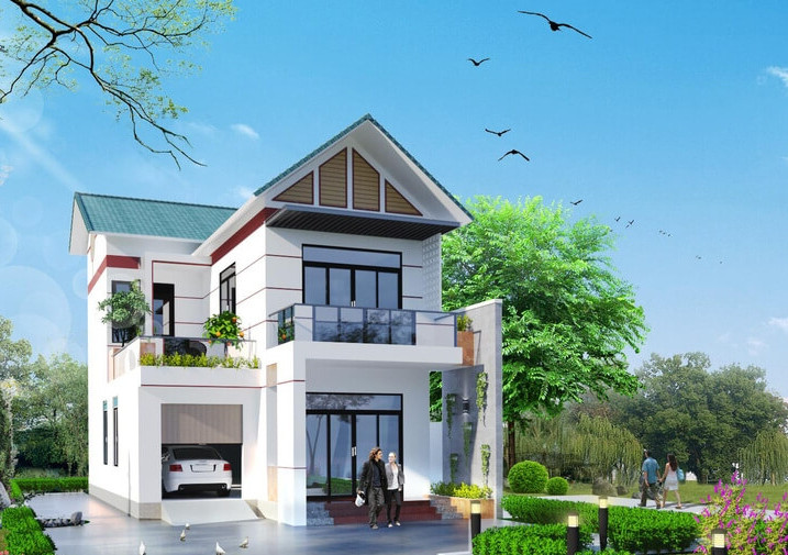 Nhà 2 tầng 70 m2 thiết kế hiện đại với hình khối vuông vắn, đơn giản. Các đường gờ, phào chỉ trang trí chia mảnh tường thành các ô nhỏ tạo cảm giác thông thoáng hơn. Ảnh: Stdecor