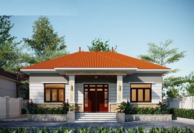 Nhà cấp 4 mang phong cách cổ điển, đối xứng, nổi bật với mái thái đỏ truyền thống. Ảnh: Kientaoviet