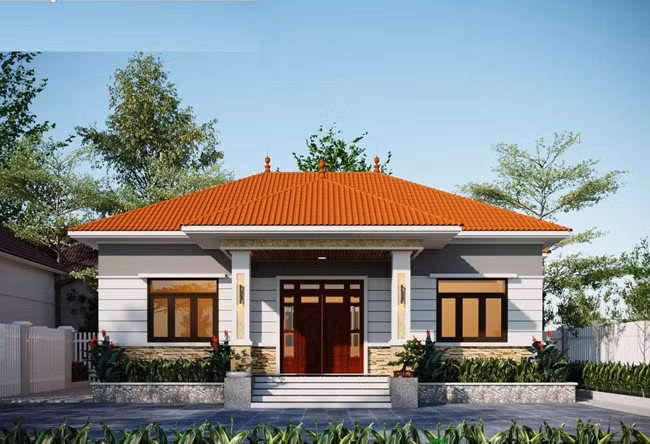 Nhà cấp 4 mang phong cách cổ điển, đối xứng, nổi bật với mái thái đỏ truyền thống. Ảnh: Kientaoviet