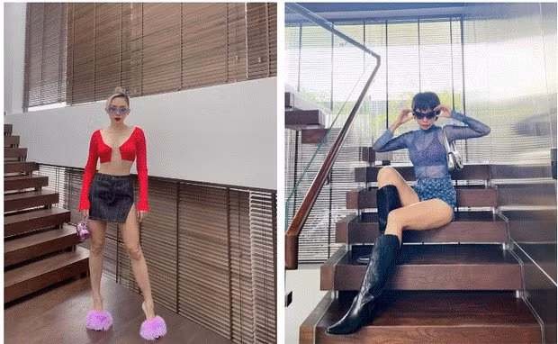 Cầu thang gỗ lan can kính là khu vực "sống ảo" của Tóc Tiên. Ảnh: FBNV