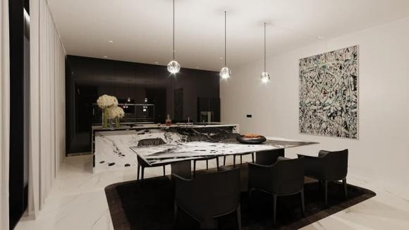 Khu vực bếp và phòng ăn hiện đại với tông trắng đen chủ đạo.