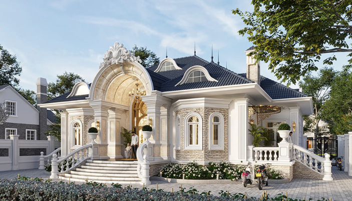 Thiết kế ấn tượng có phần trang nghiêm làm tô thêm vẻ đẹp lộng lẫy của mẫu nhà mái thái tân cổ điển. Ảnh: Luxsilk