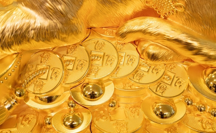 Chân mèo vàng đặt trên những đồng tiền vàng mang tới mong ước về một năm mới đủ đầy, tài lộc tăng tiến. Ảnh: VTCNews