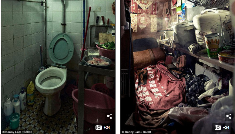 Bồn cầu ngay cạnh chỗ nấu ăn còn nồi cơm đặt trên giá ngay cạnh giường ngủ.