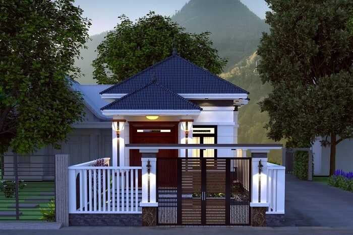 Nhà cấp 4 mái thái 6×15 đẹp thiết kế vững chãi với 2 thân trụ cột vuông. Phần chân cột được ốp đá màu vàng nhạt với những đường vân đơn giản tạo tính thẩm mỹ cao. Ảnh: Xaydungcuonggiahieu