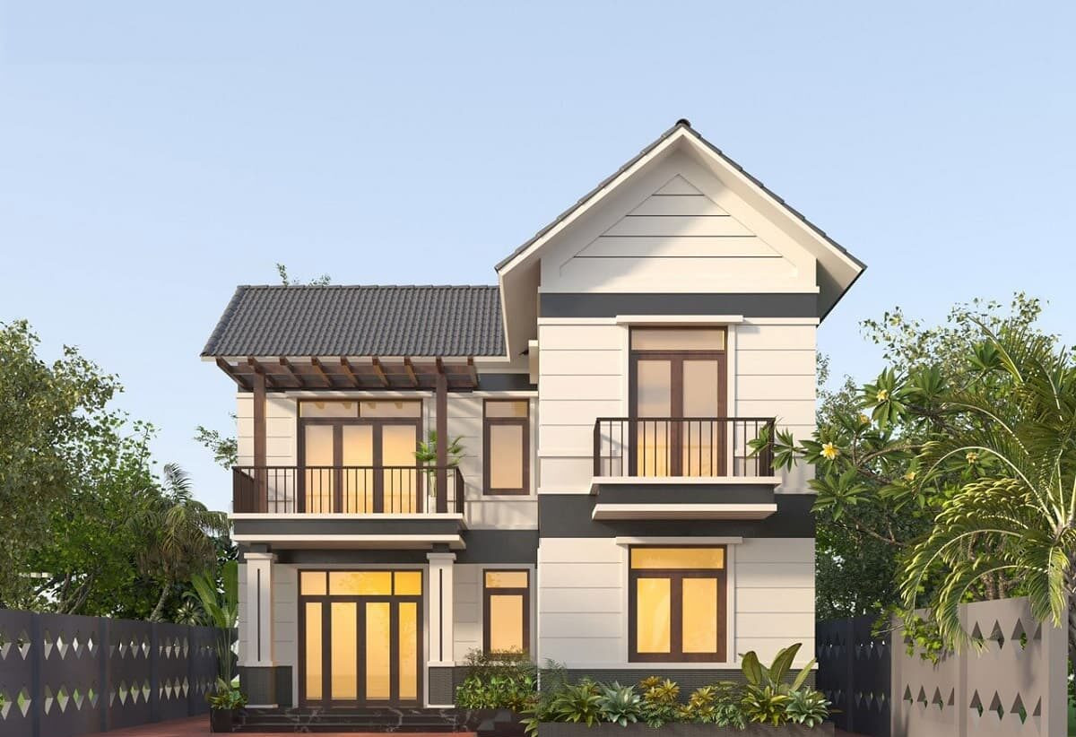 Thiết kế nhà 2 tầng 1 tum mái thái mang vẻ đẹp tinh tế, nhẹ nhàng nhưng vẫn vô cùng sang trọng. Ảnh: Notthattugia