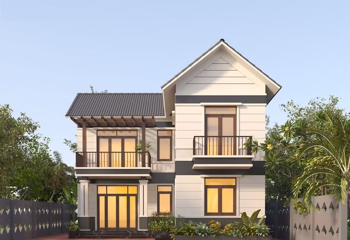 Thiết kế nhà 2 tầng 1 tum mái thái mang vẻ đẹp tinh tế, nhẹ nhàng nhưng vẫn vô cùng sang trọng. Ảnh: Notthattugia