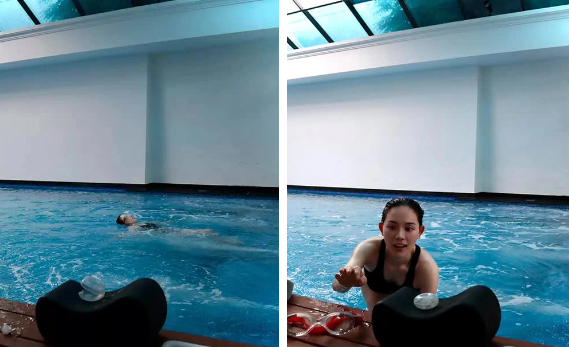 Trong biệt thự có bể bơi rộng lớn.