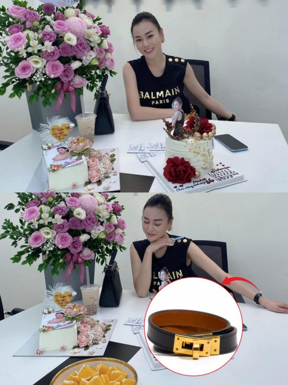 Bên cạnh đó, Phương Oanh cũng không ngại chi tiền cho những món đồ hàng hiệu. Nữ diễn viên từng chia sẻ khoảnh khắc đi làm cùng với một cây hàng hiệu gồm: túi hiệu Hermes khoảng 200 triệu, đồng hồ Hermes khoảng 11 triệu đồng và áo Balmain khoảng 9 triệu đồng. Ảnh: FBNV