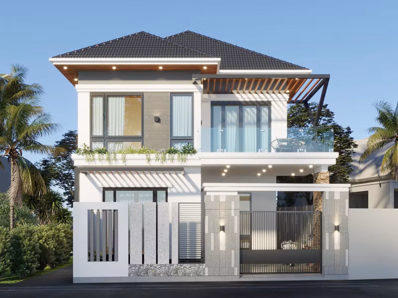 Nằm trên khu đất rộng lớn, nhà 2 tầng thiết kế 2 mặt tiền nhằm tận dụng tối đa nguồn ánh sáng và gió tự nhiên. Ảnh: Kienthietviet