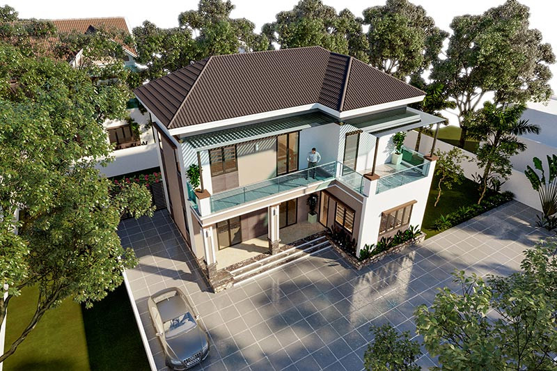 Nhà mái Nhật 3 phòng ngủ nổi bật với khối hình vuông vắn, bắt mắt. Ảnh: Thietkenoithatatz