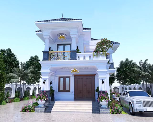 Ngôi nhà sử dụng gam màu trắng nhã nhặn kết hợp đường nét trang trí độc đáo từ hệ thống trụ cột vuông vắn. Ảnh: Thietkenoithatatz