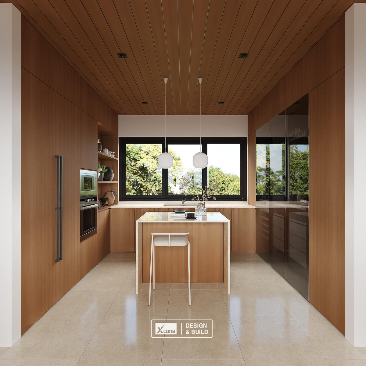 Căn bếp cũng có view nhìn ra bên ngoài xanh mát.