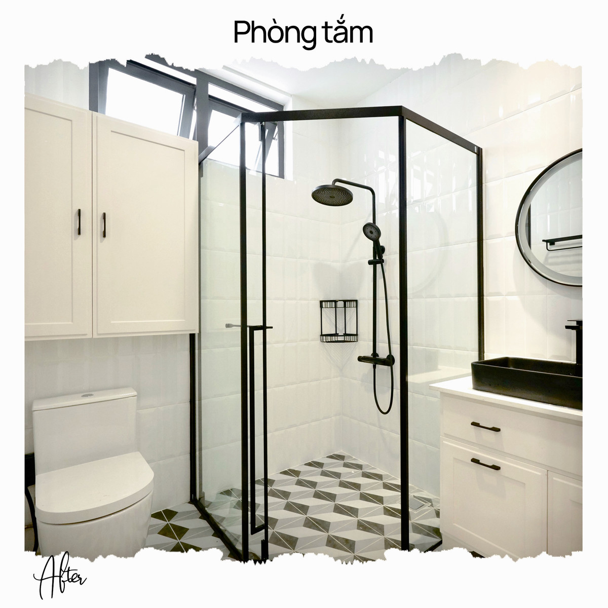 Phòng tắm sử dụng gam màu trắng chủ đạo.