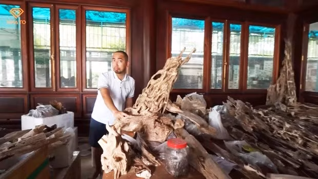 Khối trầm nhỏ cỡ một cánh tay ôm có giá khoảng 700 - 800 triệu đồng. Trong phòng, có vài chục khối trầm hương như vậy.