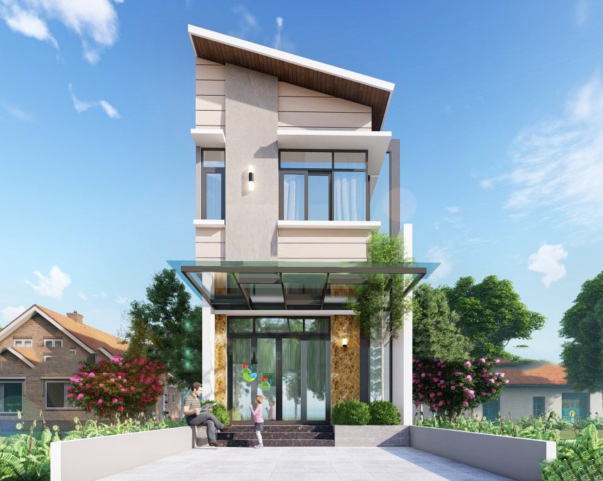 Mẫu nhà ống 2 tầng 5x10m bắt mắt sử dụng gam màu be nhẹ nhàng hòa quyện ăn ý cùng màu nâu nhẹ sang trọng. Ảnh: Wedo